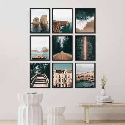 Ensemble de deux côtes côtières, océan, forêt, architecture, nature, chemins sauvages, impression encadrée sur papier, 9 pièces