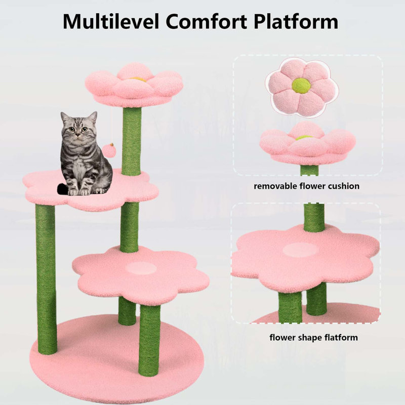 Arbre à chat à plusieurs niveaux avec perchoir douillet amovible, poteaux à griffer et jouet suspendu pour grimper, se reposer et jouer