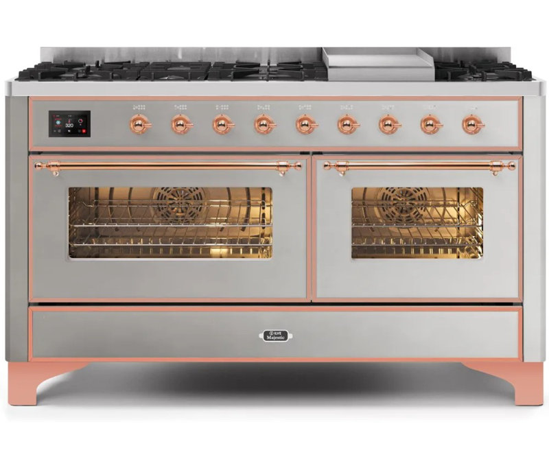 ILVE Majestic II Series 60 inch Dual Fuel Range with 9 Burners, Griddle (Glass Door), Stainless Steel/Copper, Natural Gas