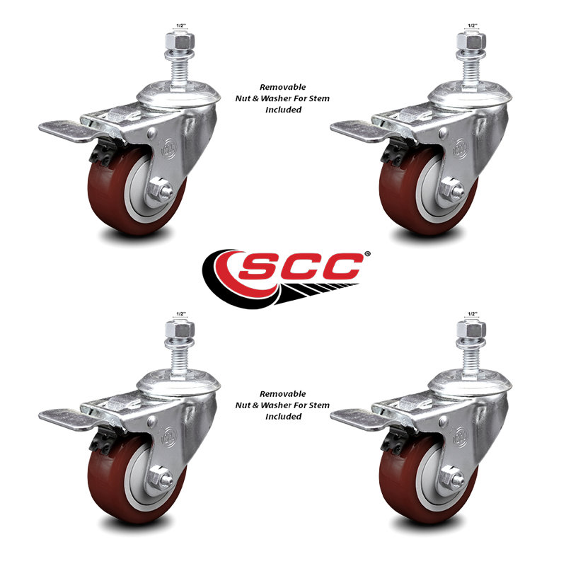 Polyurethane Swivel ½ Inch Stem Caster Set with Total Lock Brake