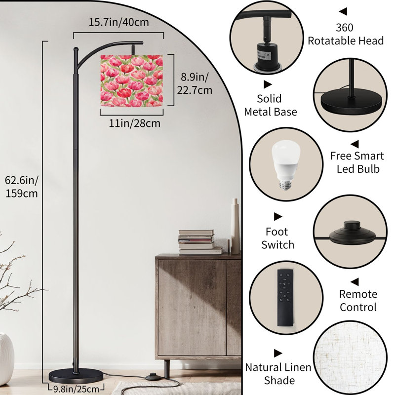  Arc Floor Lamp Pink Tulip Floral Soft Watercolor Style Green Leaves Tall Modern Standing Lamp LED Adjustable Linen Lampshade 3 Color Temperatures