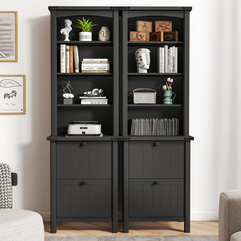 71'' Tall Standard Bookcase With 2 Drawers (Set of 2), Black