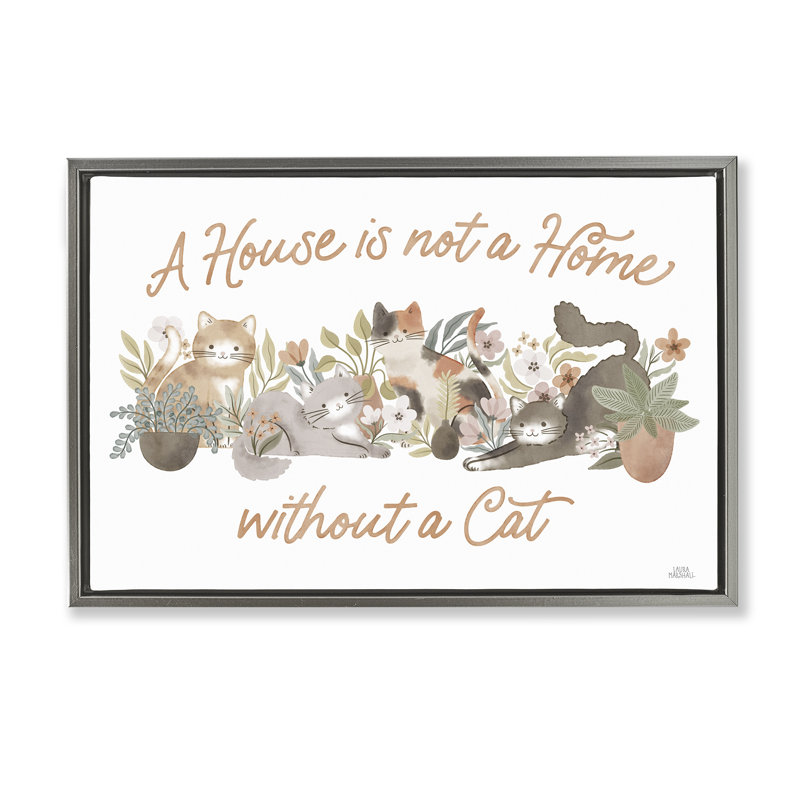 Toile flottante encadrée «Cozy Cats & Plants» par Laura Marshall, Cadre flottant gris lustré, H 21 po x l 31 po