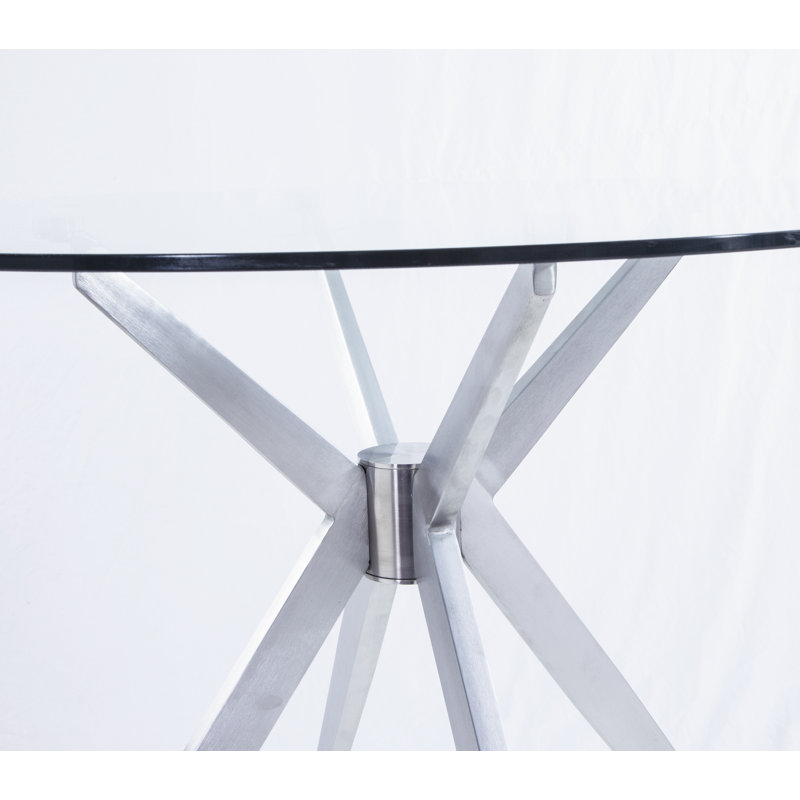 Mikaia Round Glass Top Dining Table, Brushed Stainless Steel