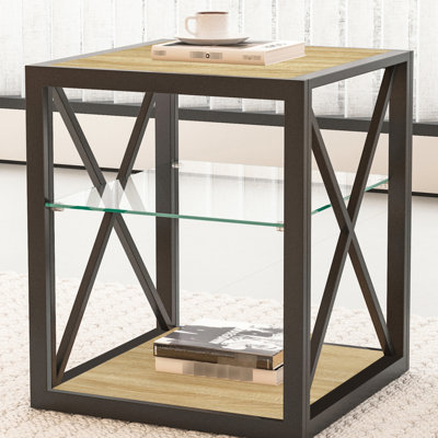 Table de bout moderne pour le salon, côté industriel avec plateau en verre trempé et en bois naturel, chambre à coucher compacte et efficace à 3 niveaux, solution multi-organisateurs