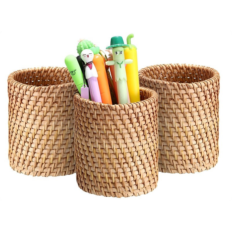 3 Pack Rattan Pen Cup, Handmade Desk Pencil Holders Makeup Brush Holder Multi-Functional Woven Basket Office&Home Desktop Organizer (Cylinder)