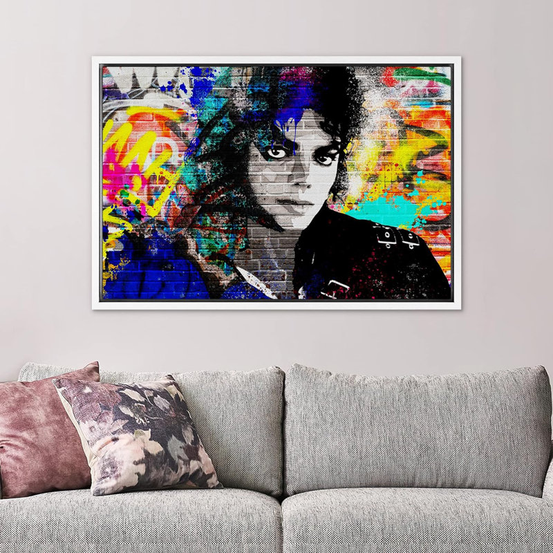 «King of Pop Singer Graffiti Street Art Portrait Celebrities & Hollywood», impression sur toile, Cadre flottant blanc