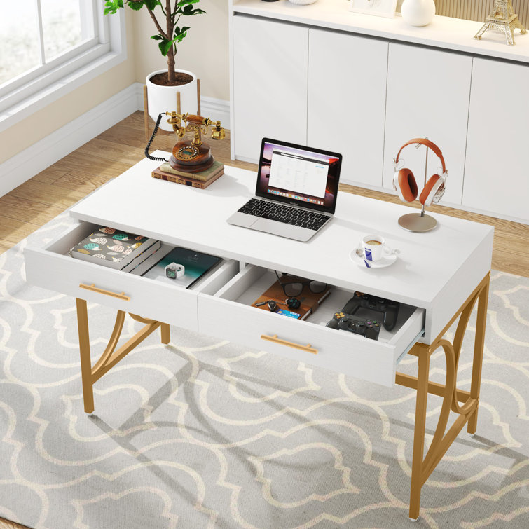 Everly Quinn 41 in Computer Desk With Two Drawers, White and Gold Modern  Study Writing Desk & Reviews