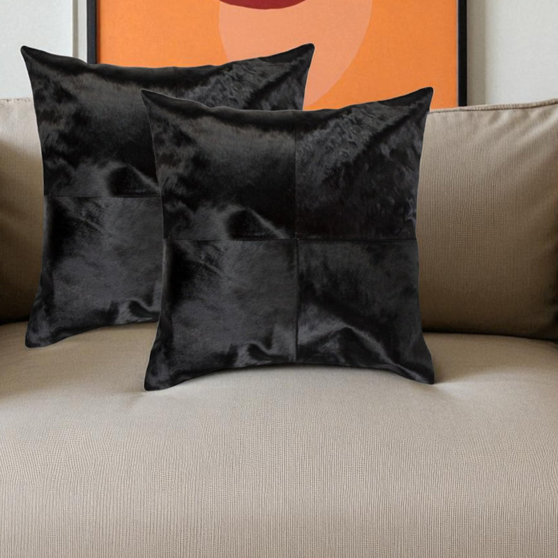 Two 18 inch Cowhide Throw Pillows by Trio Supply House, Square 17.82", Black