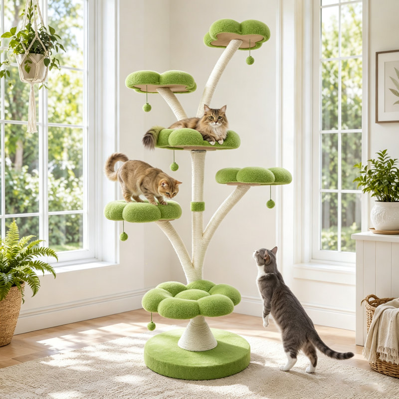 71" Modern Petal Cat Tree Tower With Multi-Layer Platforms & Scratching Posts – Green, Green