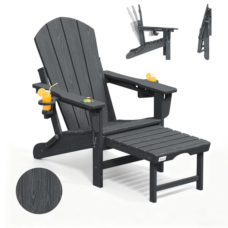 3-Level Adjustable Adirondack Chair with Retractable Ottoman and 2 Cup Holders, Folding All-Weather Outdoor Fire Pit Chair for Deck, Patio, Garden, and Backyard Use, Gray