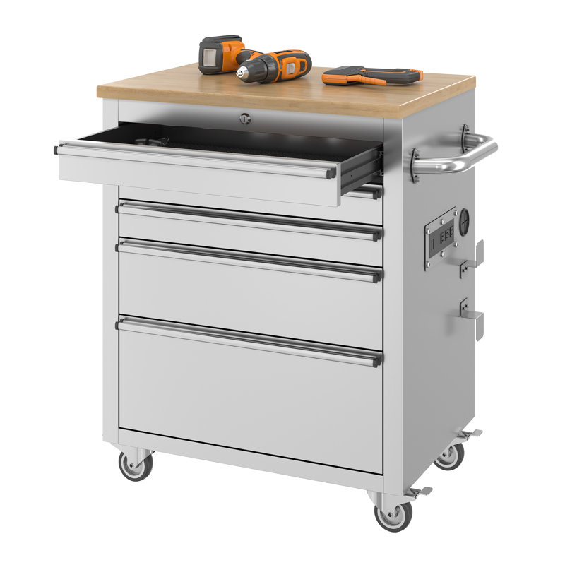 Coffre à outils 26 po avec 5 tiroirs, roulettes, prises de courant et capacité de 560 lb, argent
