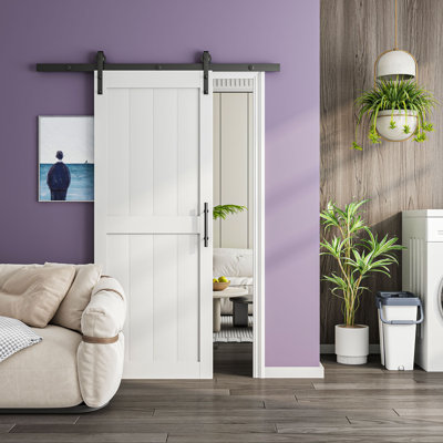 Porte de grange coulissante 36 po x 84 po avec ensemble de quincaillerie de porte de grange et poignées et guides de plancher, trous pré-percés Assemblage facile - manuel d'installation inclus, surface en PVC imperméable, cadre en H, blanc