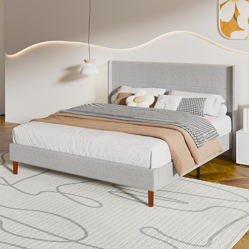 Structure de lit très grand, plateforme tapissier en lin avec tête de lit à oreilles, support de lattes en bois, aucun sommier requis, assemblage facile, gris clair