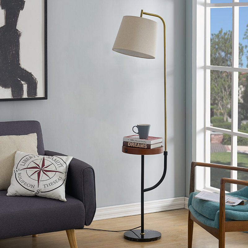 Leeward 66" Modern Floor Lamp with Round Solid Wood Tray & USB Port, Polished Brass and Matte Black Metal Frame, Black Marble Base Standing Lamp for Bedroom, Living Room & Office