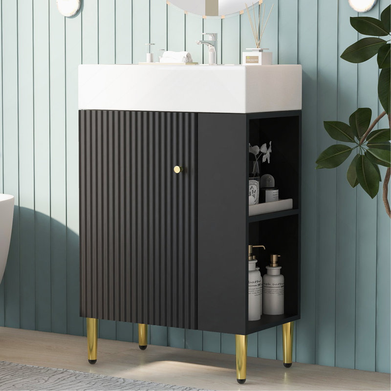 Meuble-lavabo noir 21,6 po, armoire combinée, meuble de rangement pour salle de bain, lavabo simple en céramique, rangement à droite