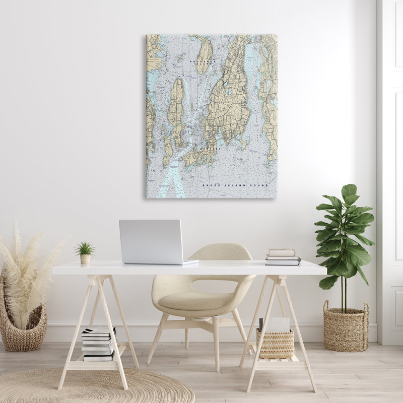 Carte du littoral du Rhode Island, Prerte Jamestown Newport par Daphne Polselli - impression, H 48 po x l 36 po, Toile tendue