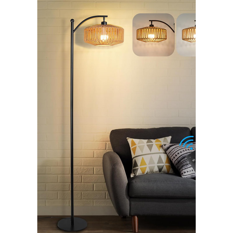 Remote Control Boho Farmhouse Floor Lamp With Adjustable Pole, LED Bulb & Color Temperature