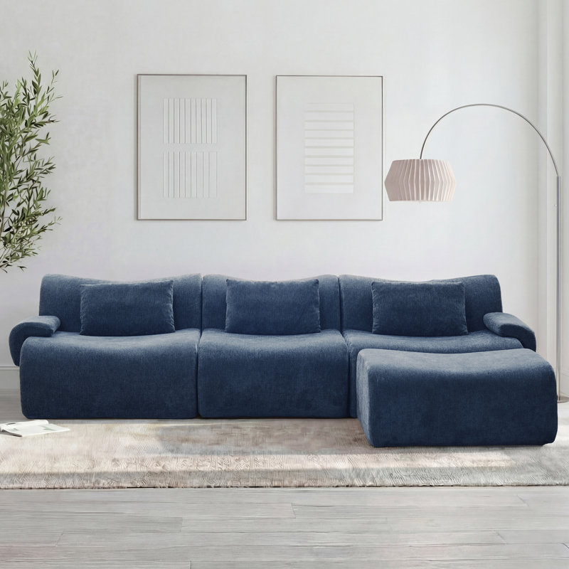 Boneless 4 - Piece Upholstered Sectional-bg, Blue Chenille