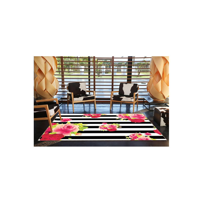 Tapis noir lavable à motif floral coloré, Sous-tapis carré 4 pi 11 po inclus