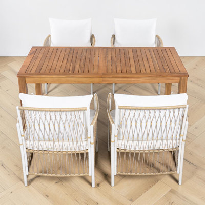5 - Piece Patio Dining Table Set, Acacia Wood Table, Rattan Chairs, Contemporary Modern, Outdoor Use