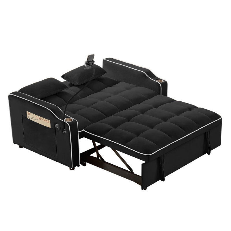 Versatile Foldable Double Seat Recliner, Comfortable Velvet Pull-Out Sleeper Sofa Bed With Side Pockets, USB Port, Swivel Phone Stand, Ashtray And Adjustable Backrest