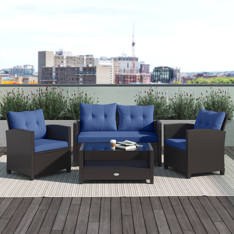 Alysheeya Wicker 4 - Person Patio Conversation Set with Cushions, Navy