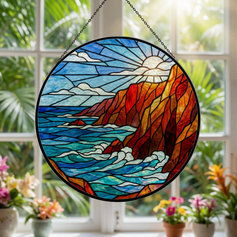 7.8"H Ocean Sunset Stained Glass Window Panel, 7.8" H x 7.8" W