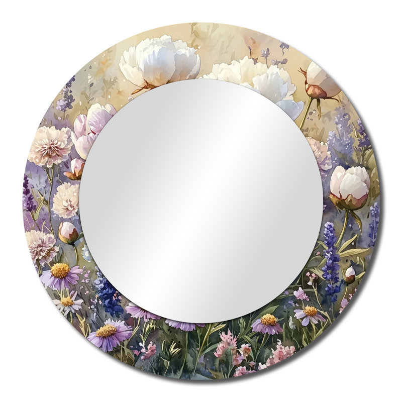 Pivoines dans le champ de fleurs sauvages I - Art mural miroir décoratif floral - imprimé sur métal, 23 po x 23 po