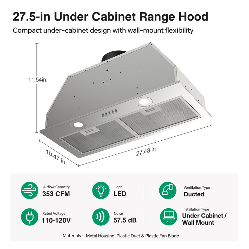 Hotte de cuisine sous-meuble de 70 cm (27,5 pouces), hotte à conduit à 3 vitesses avec éclairage DEL et filtres en aluminium lavables