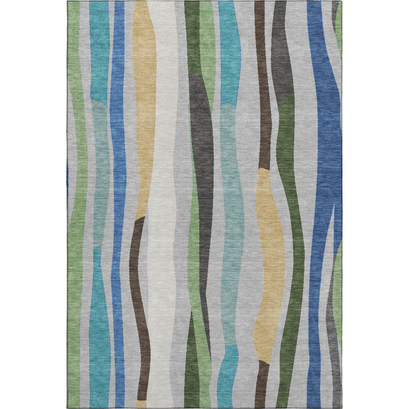 Premium Machine Washable Mayfield AMF2188 Striped Rug, Green, 2'6" x 3'10"