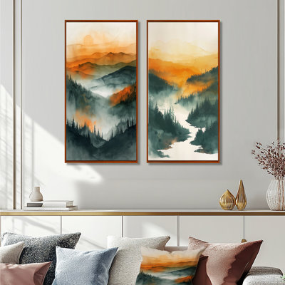 Ensemble de 2 pièces d'art mural orange et vert forêt sauvage au coucher du soleil III