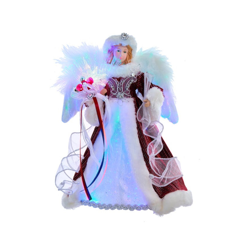 14-Inch White, Silver, and Burgundy Angel Tree Topper with LED Lights