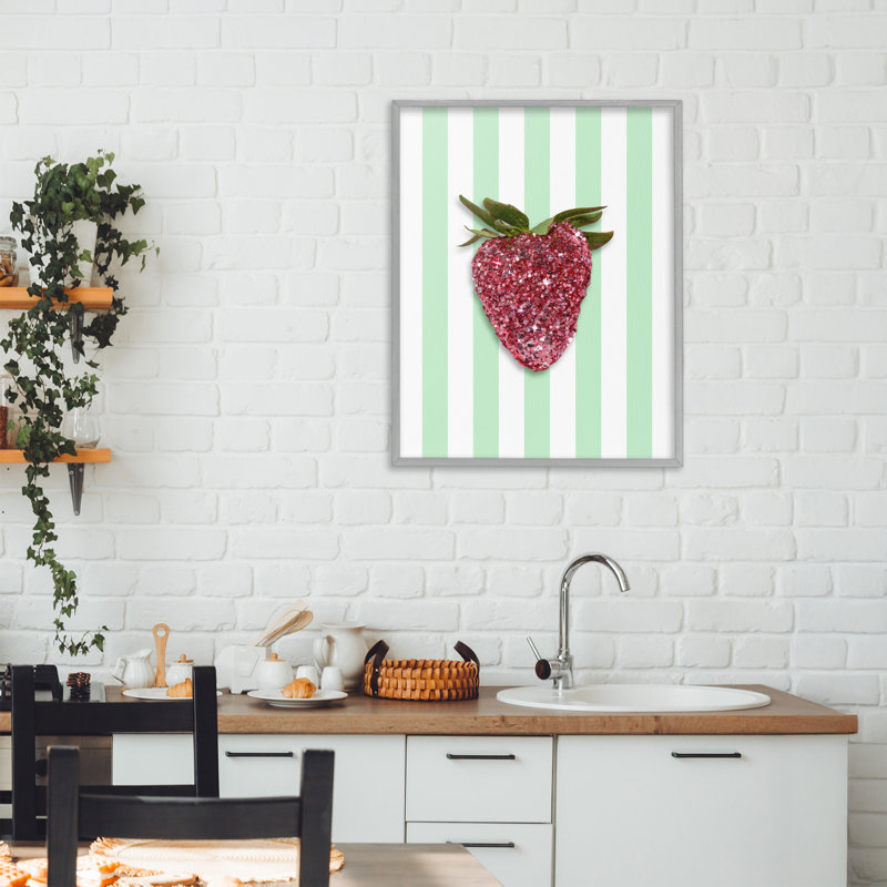 Estampe numérique cerise scintillante sur rayures vertes, design par Lish Creative, 20 x 16, Giclée de ferme grise encadrée