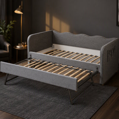 Upholstered Daybed, Bed Frame with Pull‑Out Trundle and Side Storage Pockets