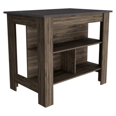 Îlot de cuisine, table de cuisine H 35 po, quatre pieds, trois tablettes de rangement ouvertes,