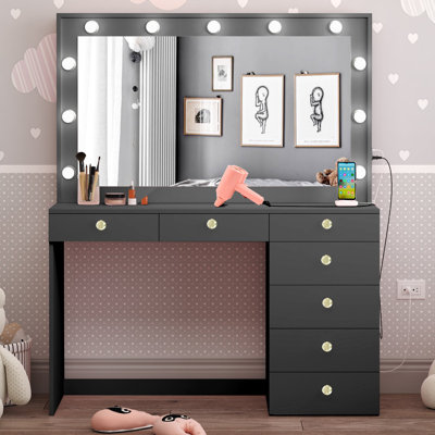 Boahaus Diana LARGE Lighted Vanity Makeup Desk, Big Vanity Mirror with Built-In Lights, 07 Drawers, C/USB Power Outlet -  Boahaus LLC, W.16.09-02-LB-6209-07