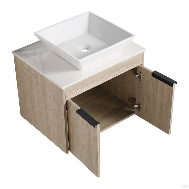 Meuble-lavabo flottant de 36 po au design moderne avec lavabo d'art en céramique, dalle de pierre plate blanche et petites tablettes de rangement, porte à fermeture douce, ensemble KD