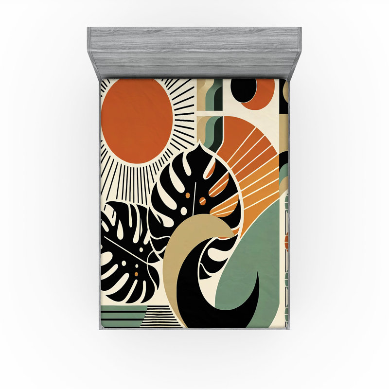 Drap-housse Ambesonne Monstera_ Boho Mid Century Sun Leaf_ Cannelle noir beige, Drap-housse grand