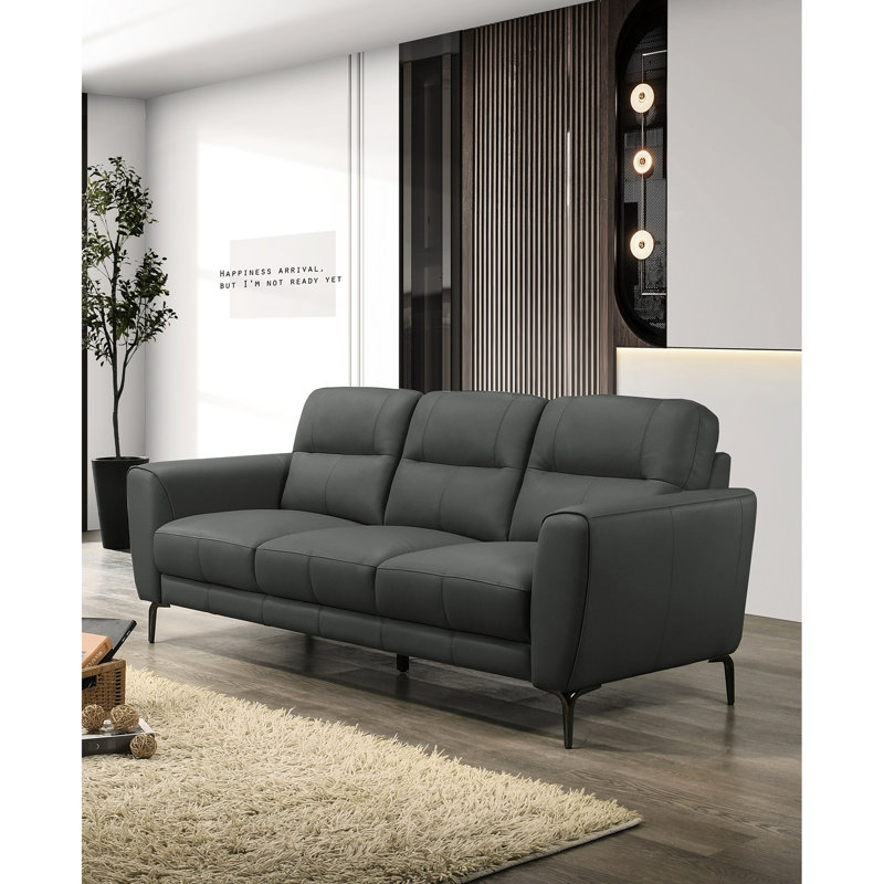 Comfortable 2pc In Anthracite Gray Leather: Contemporary With Horizontal Seats And Back Cushions Full Leather Tufting Legs For Living Area