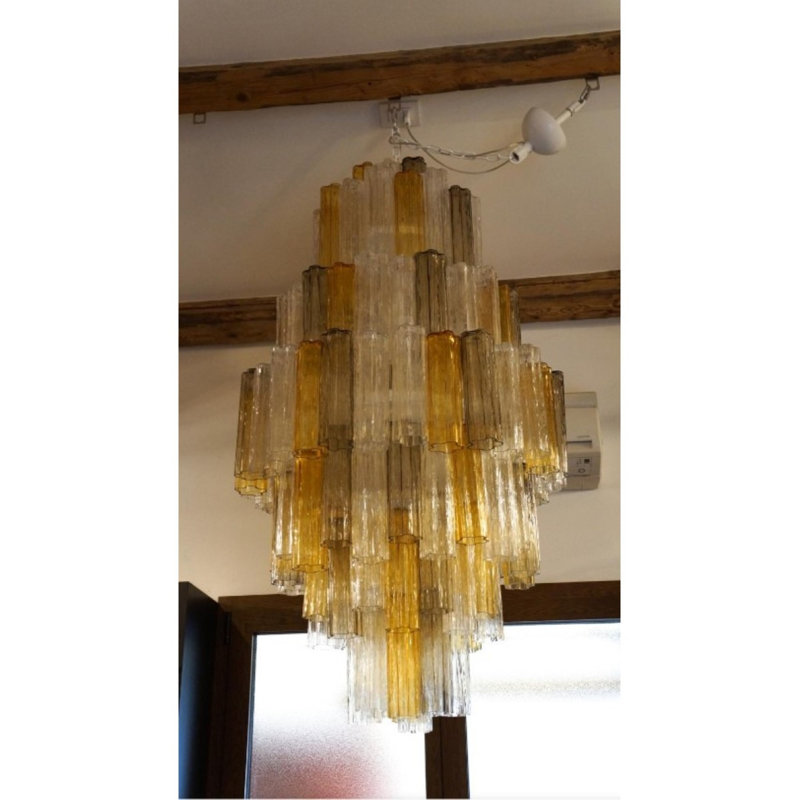 Six Tier Venini Tronchi  Venetian Chandelier, Brushed Brass, Clear, 24" H x 18" W x 18" D