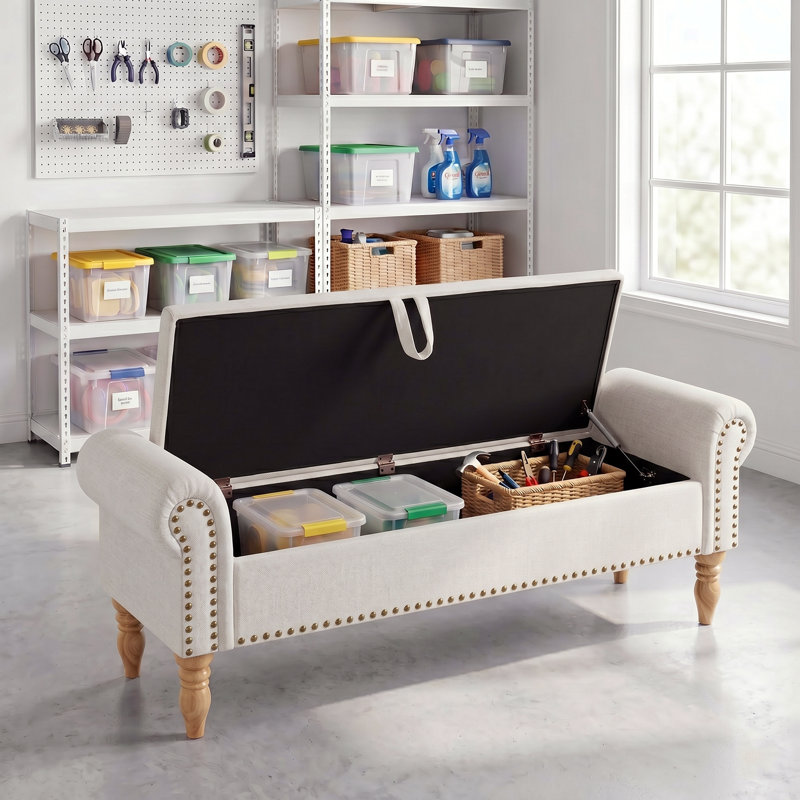 Banc de rangement rembourré Dawsey, Beige, L 60 po