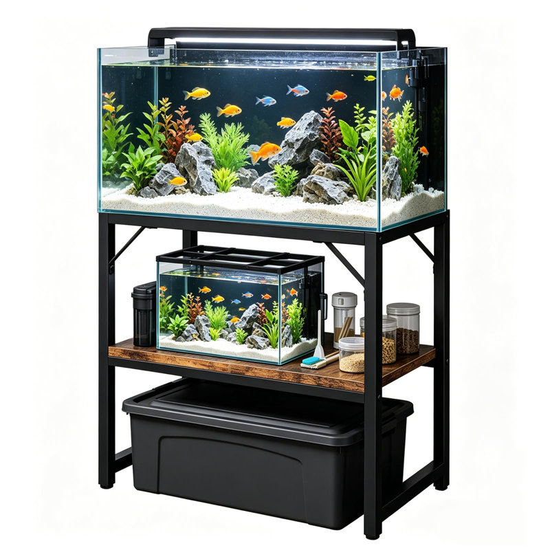 Support pour aquarium de 40 à 50 gallons avec structure métallique et tablette en bois, robuste, pour aquarium et terrarium à tortues, avec rangement.