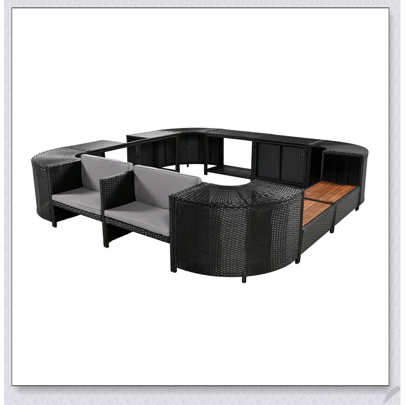 Spa Surround Rattan Sectional Sofa Set with Wooden Seats, Storage, and Mini Sofa for Outdoor Relaxation, Gray, Grey