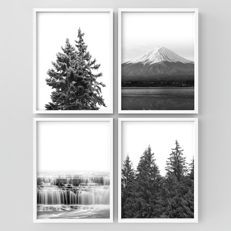 "Noir et blanc, photographie de nature, arbres, montagnes, cascade, décor moderne", 4 pièces, Blanc, H 10 po x l 8 po