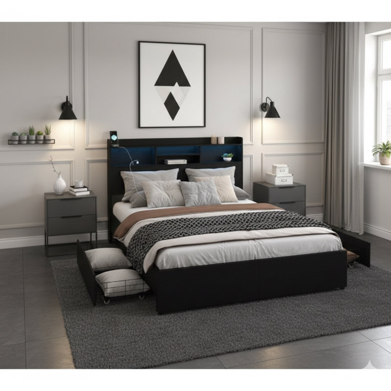 Structure de grand lit avec 6 tiroirs de rangement, comprend une tête de lit avec tablette de rangement, un éclairage à DEL et une station de charge, fonctionnement silencieux, aucun sommier nécessaire, en noir.