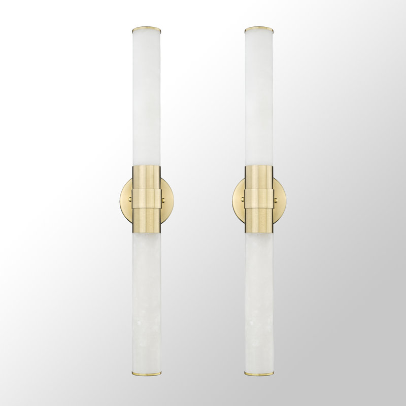 2-Light Natural Spanish Marble Wall Mounted Sconce With Alabaster Shade(Set Of 2), Brass