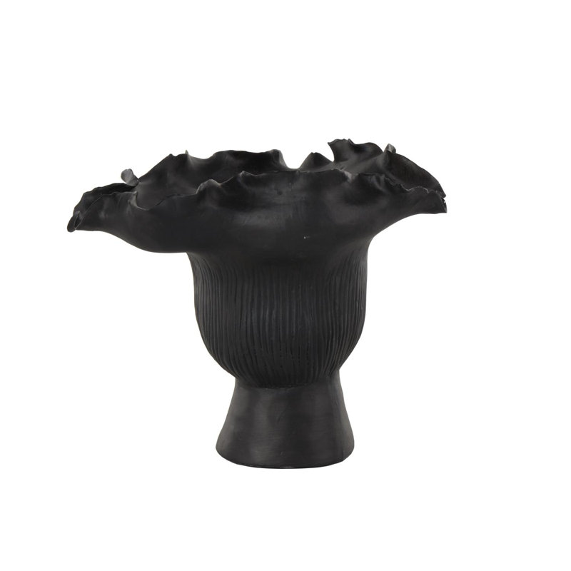 Aceves Floral Inspired Abstract Vase With Linear Grooves, Black