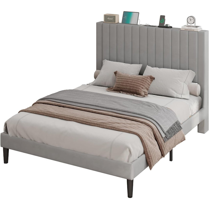 Alti 44.8'' Velvet Upholstered Tufted Bed Frame with Charging Station