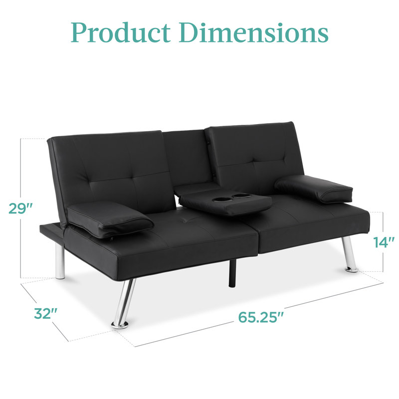 Owlex Modern Convertible Futon Sofa w/ Removable Armrests, 2 Cupholders, Black Faux Leather